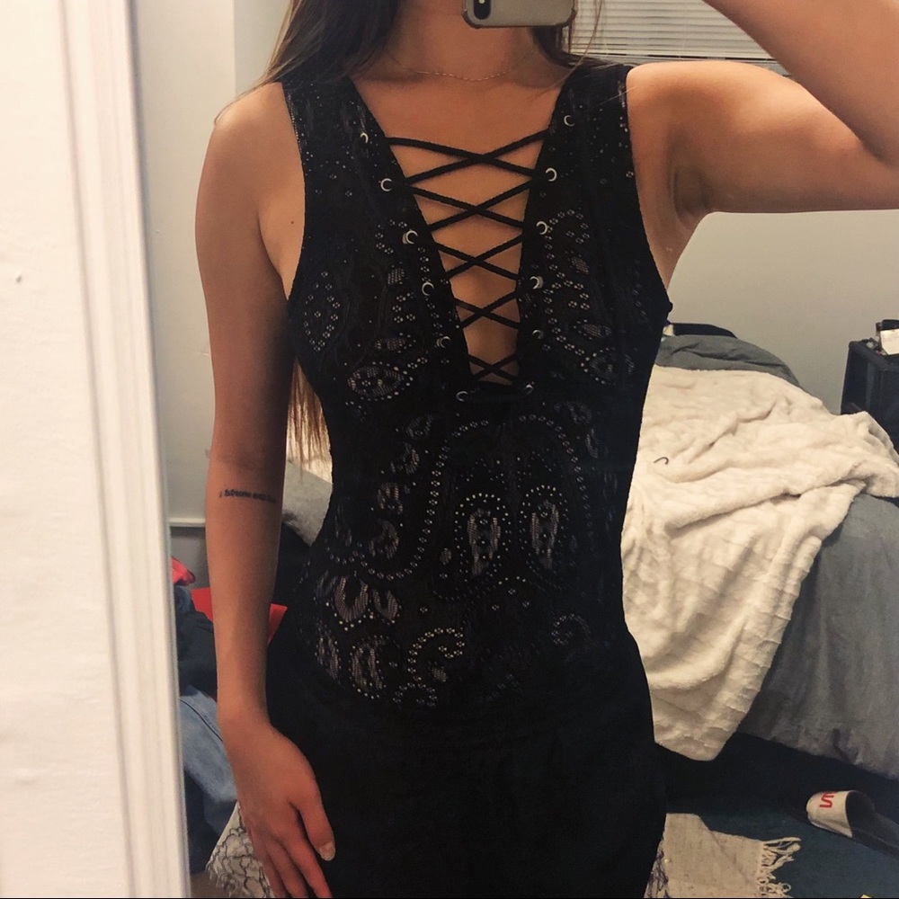 Lace Up Black Nude Bodysuit